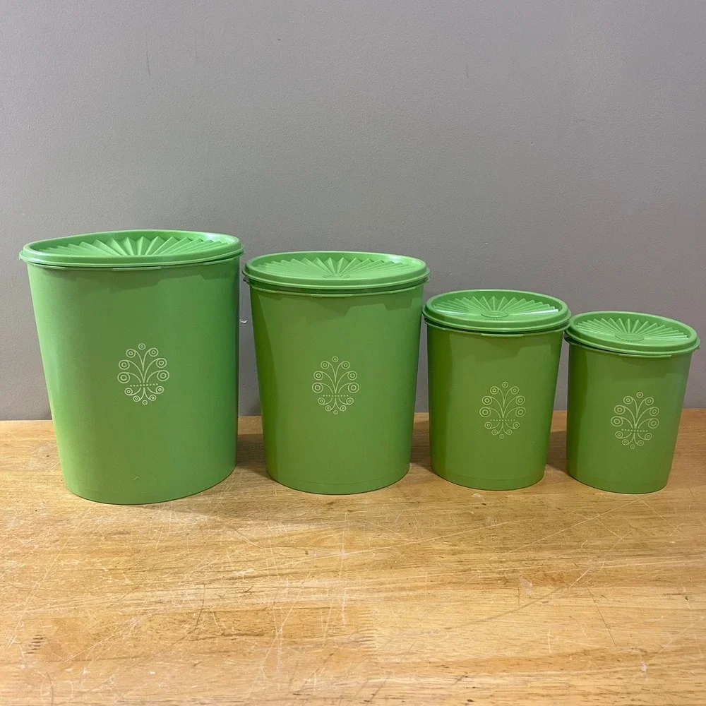 Vtg Tupperware Servalier Canister Set 4pc Lime Green Sunburst Lids 70s Retro MCM